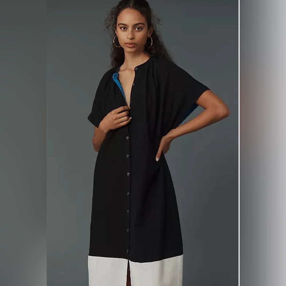 ANTHROPOLOGIE Short Sleeve Collared Linen Maxi Shirt Dress Colorblock W&B XS - Picture 2 of 15